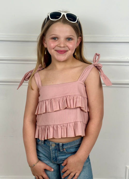 Pink Tiered Ruffle Tie Strap Top