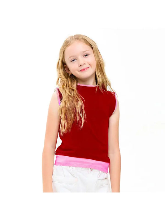 Color Blocked Sleeveless Layered Top, Red