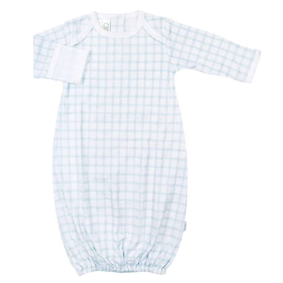 Paty Pima Cotton Overlap Shoulder Gown, Blue Gingham