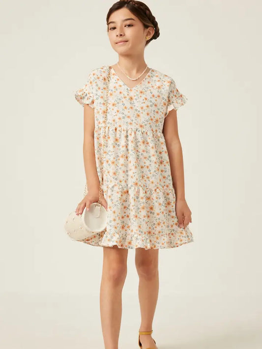 Off White V Neck Ruffle Short Sleeve Tiered Floral Dress