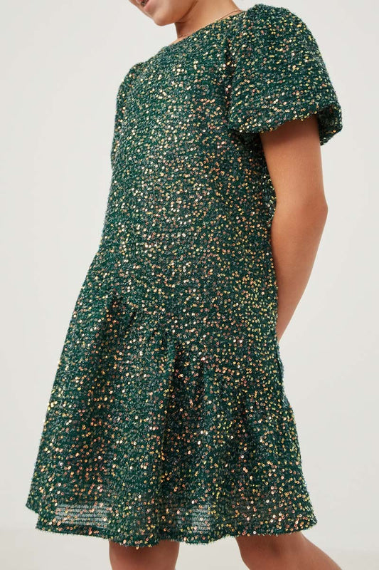 Green Sequin Asymmetric Puff Sleeve Dress