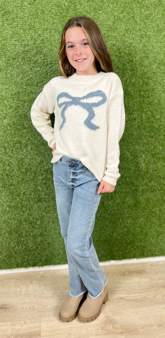 Ivory Blue Bow Sweater