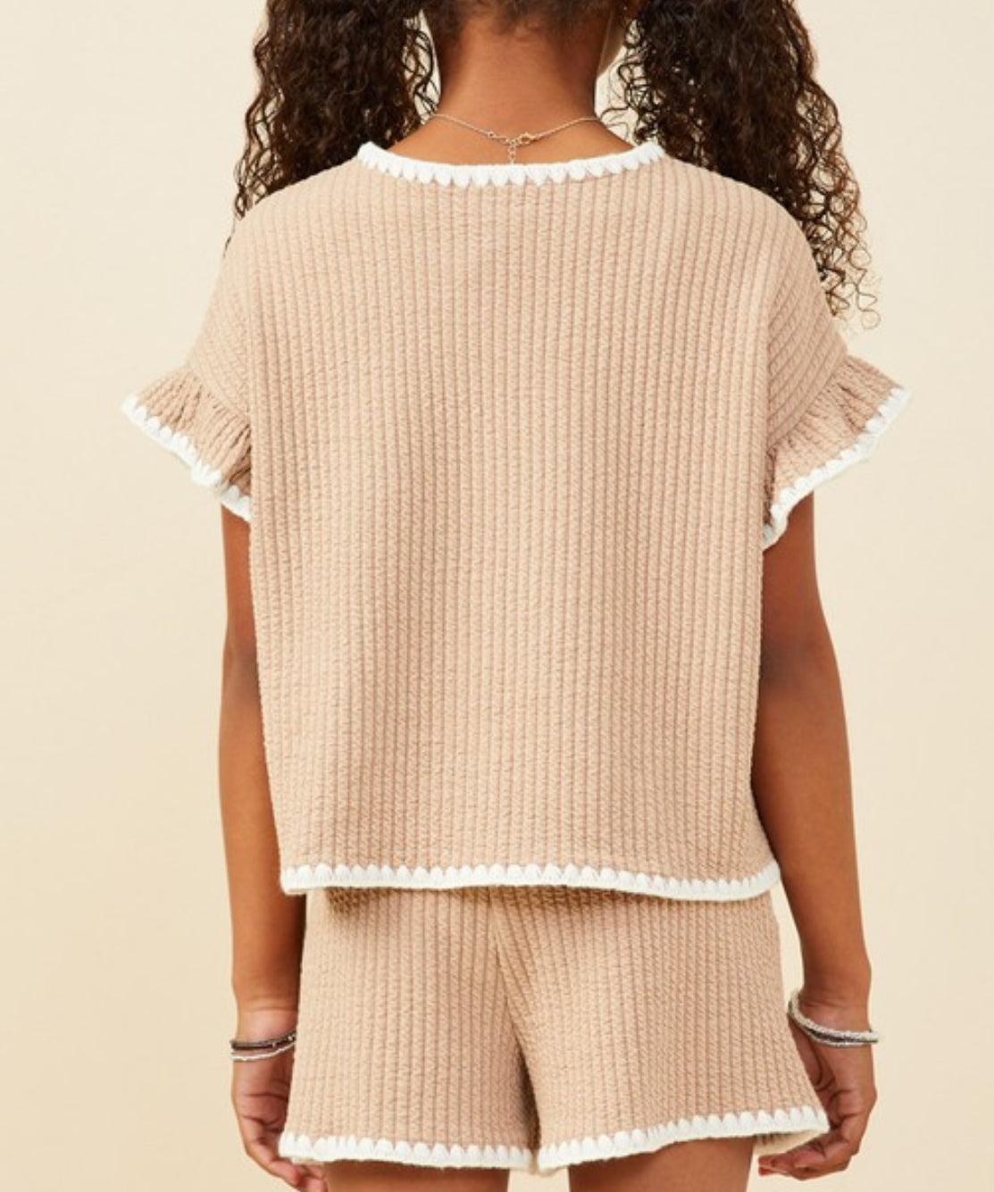Taupe Textured Knit Contrast Stitch Shorts