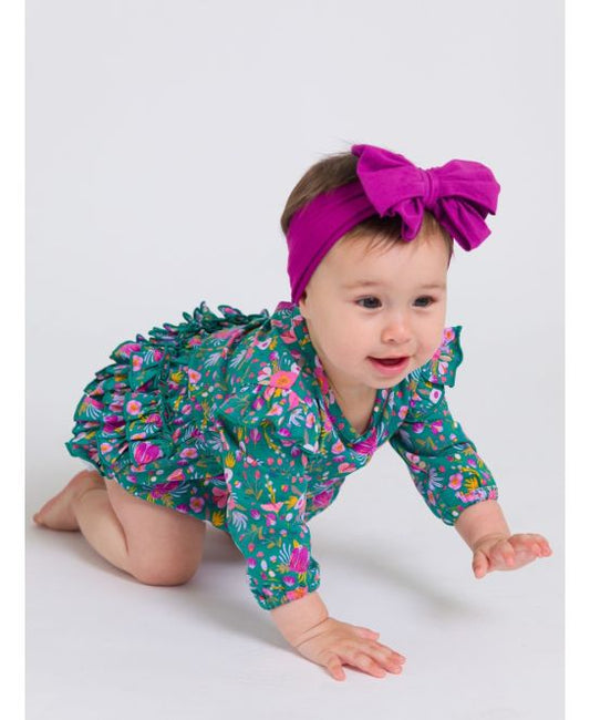 Knit Long Sleeve Flutter Bubble Romper, EMERALD FLORAL
