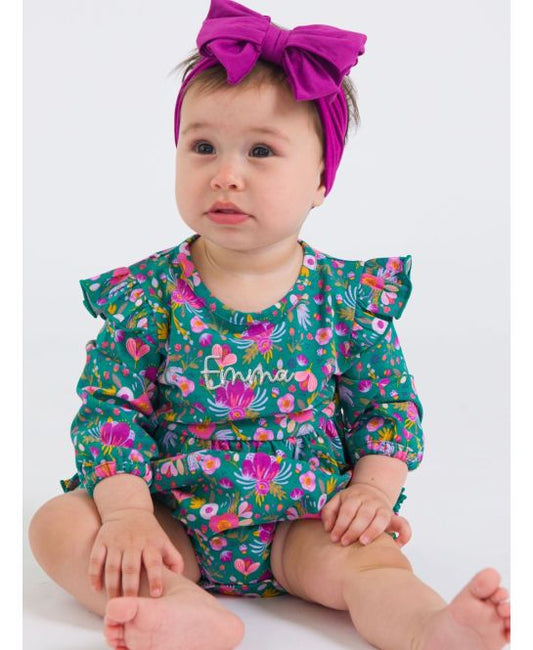 Knit Long Sleeve Flutter Bubble Romper, EMERALD FLORAL