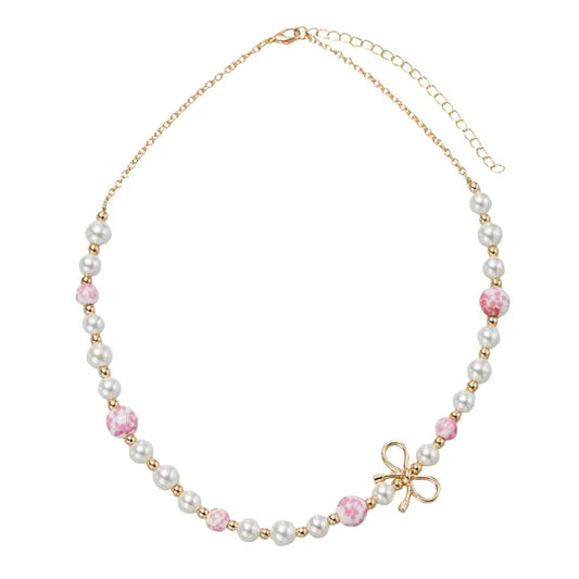 Pink Floral Necklace With Gold Bow Body