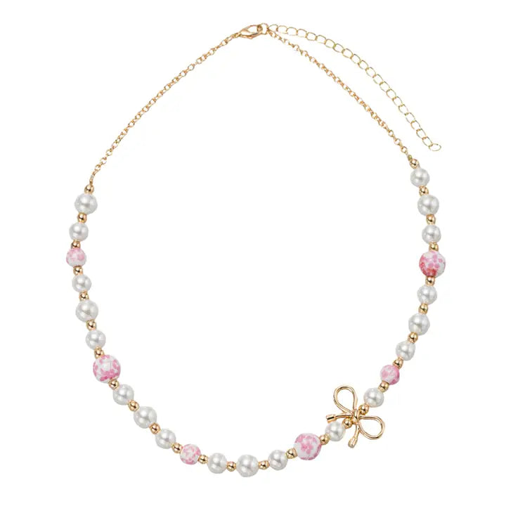 Pink Floral Necklace With Gold Bow Body