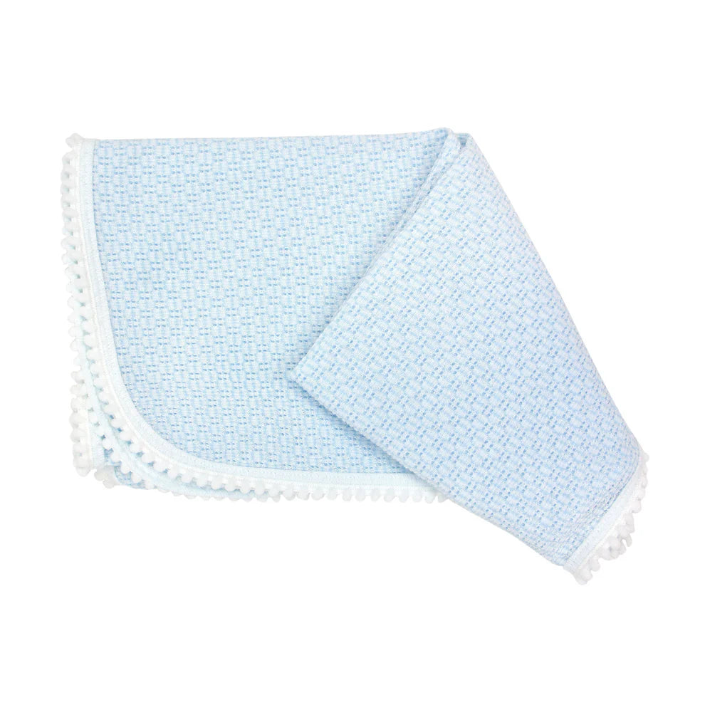 Blanket With Baby Pom Trim, Blue/White