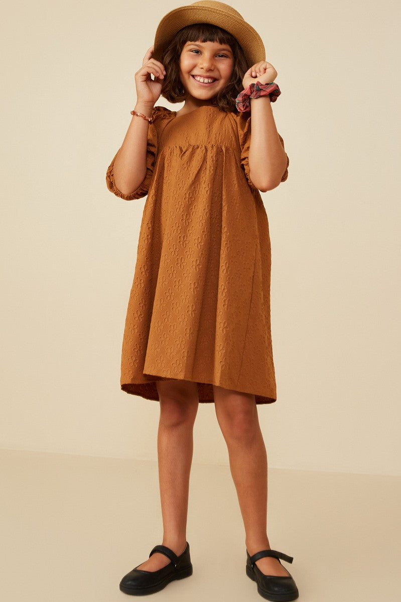 Camel Embossed Floral Square Neck Dress