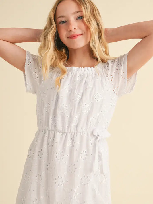 White Faux Wrap Eyelet Dress