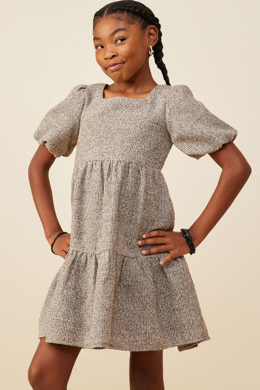 Mocha Square Neck Textured Knit Bubble Sleeve Dress