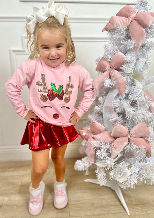 Light Pink LS Sequin Reindeer Top