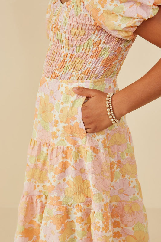 Pink Textured Floral Smocked Puff Sleeve Dress
