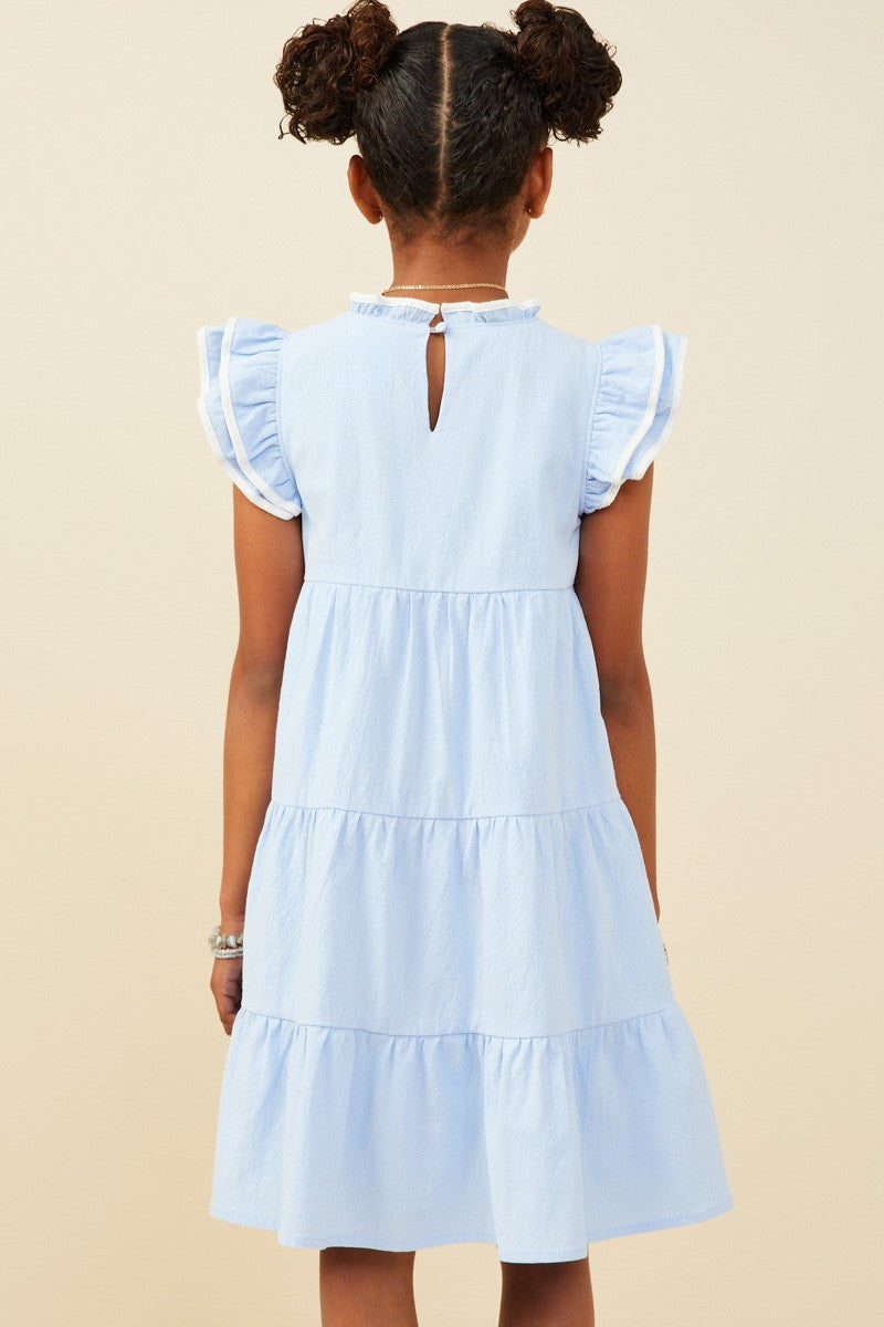 Blue Piped Ruffle Detail Dress