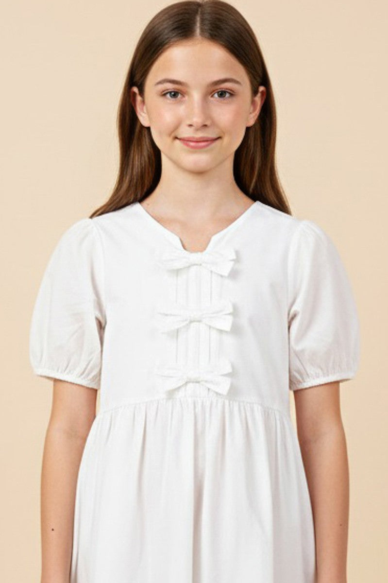 White Ribbon Detail Puff Dress