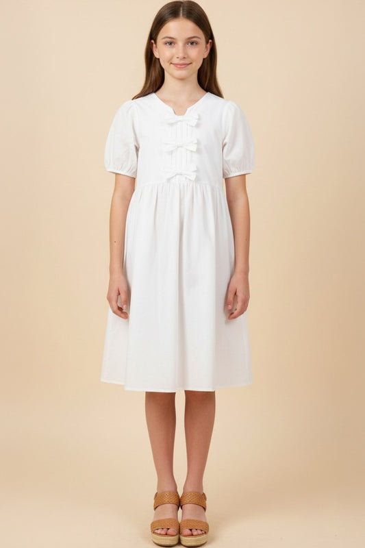 White Ribbon Detail Puff Dress