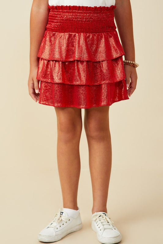 Red Smocked Ruffle Tiered Metallic Mini Skirt