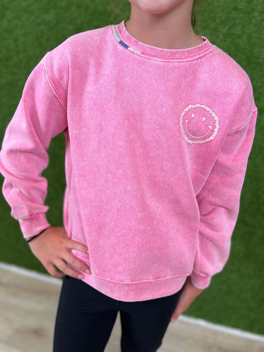 Washed Pink Multicolor Thread Smiley Pullover