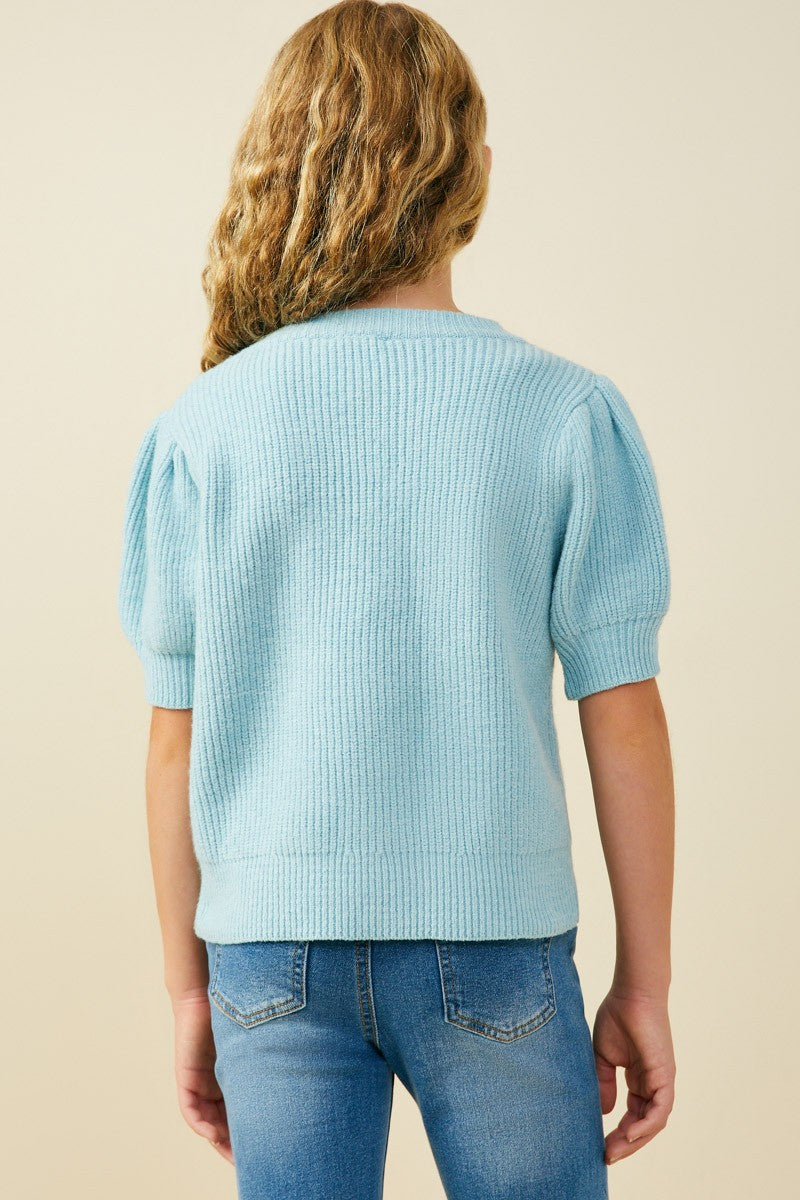 Blue Bow Detailed Puff Sleeve Short Sleeve Sweater