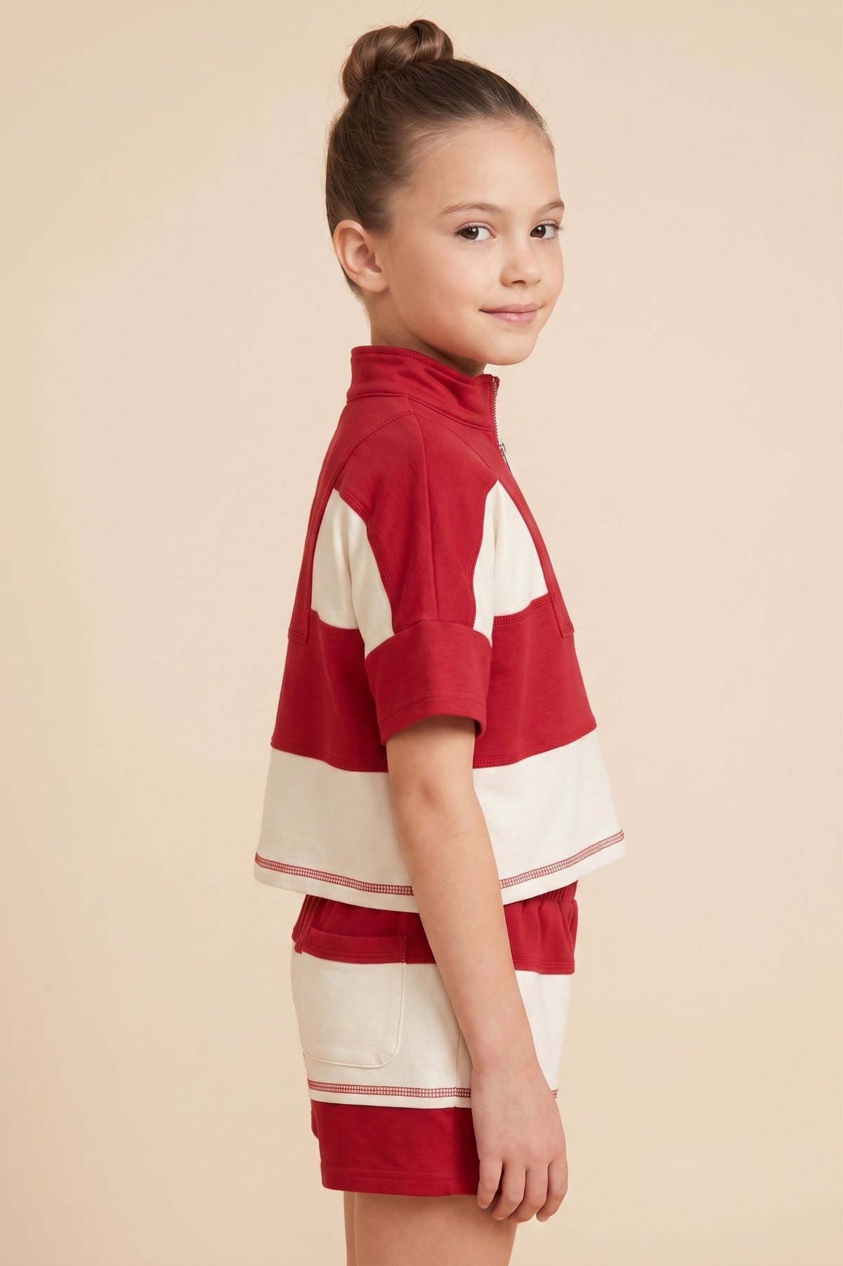 Color Block Stripe Half Zip Top, Red