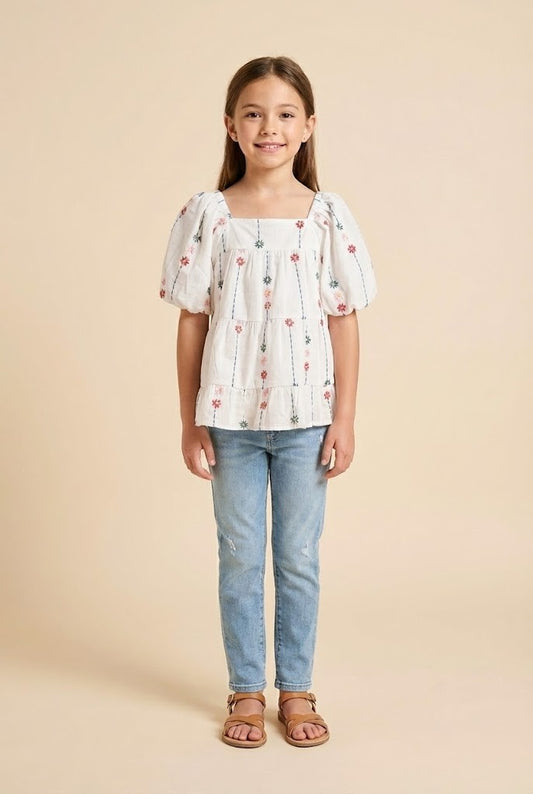 White Embroidered Puff Sleeve Top