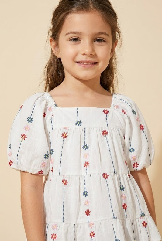 White Embroidered Puff Sleeve Top