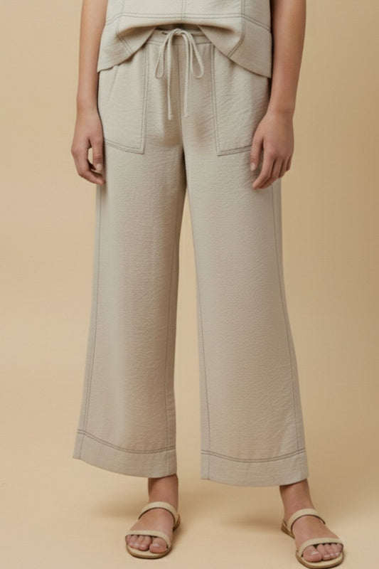 Oatmeal Contrast Stitch Detailed Wide Leg Pant