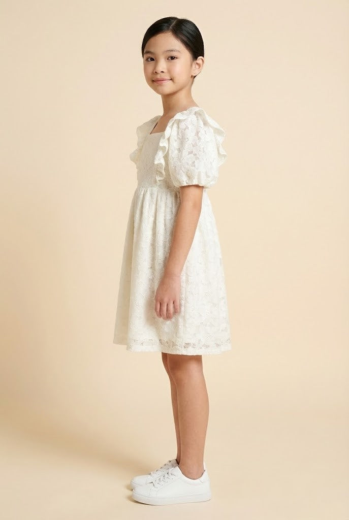 Floral Lace Ruffled Square Neck Dress