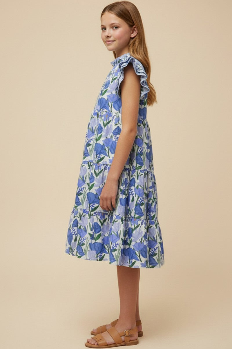 Blue Piped Ruffle Neck Floral Tank Dress