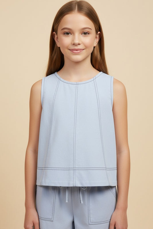 Contrast Stitched Panel Detail Knit Tank , Light Blue