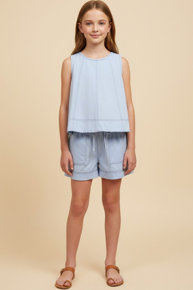 Light Blue Contrast Stitch Patch Pocket Shorts
