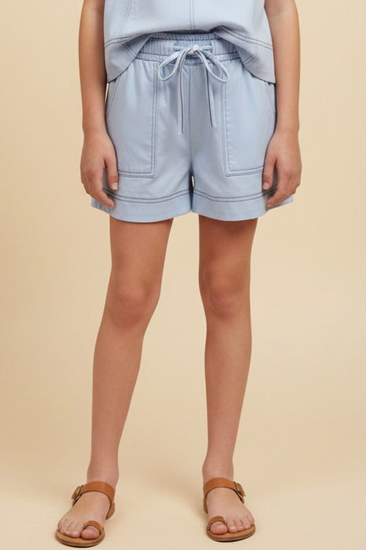 Light Blue Contrast Stitch Patch Pocket Shorts