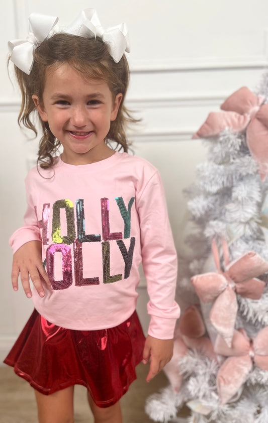 Light Pink LS Sequin Holly Jolly
