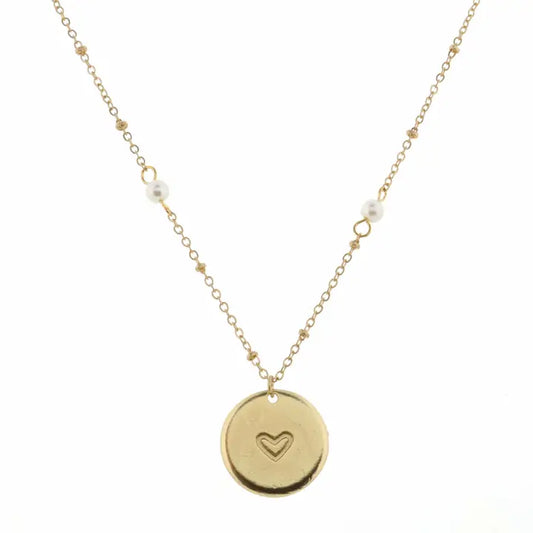 14" Pearl Chain With Heart Disk Necklace