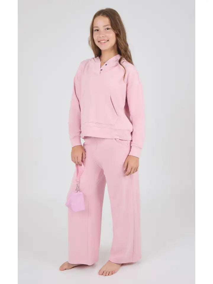 Snap Hoodie, Wide Pant, Wristlet 3 Piece Set, Mauve
