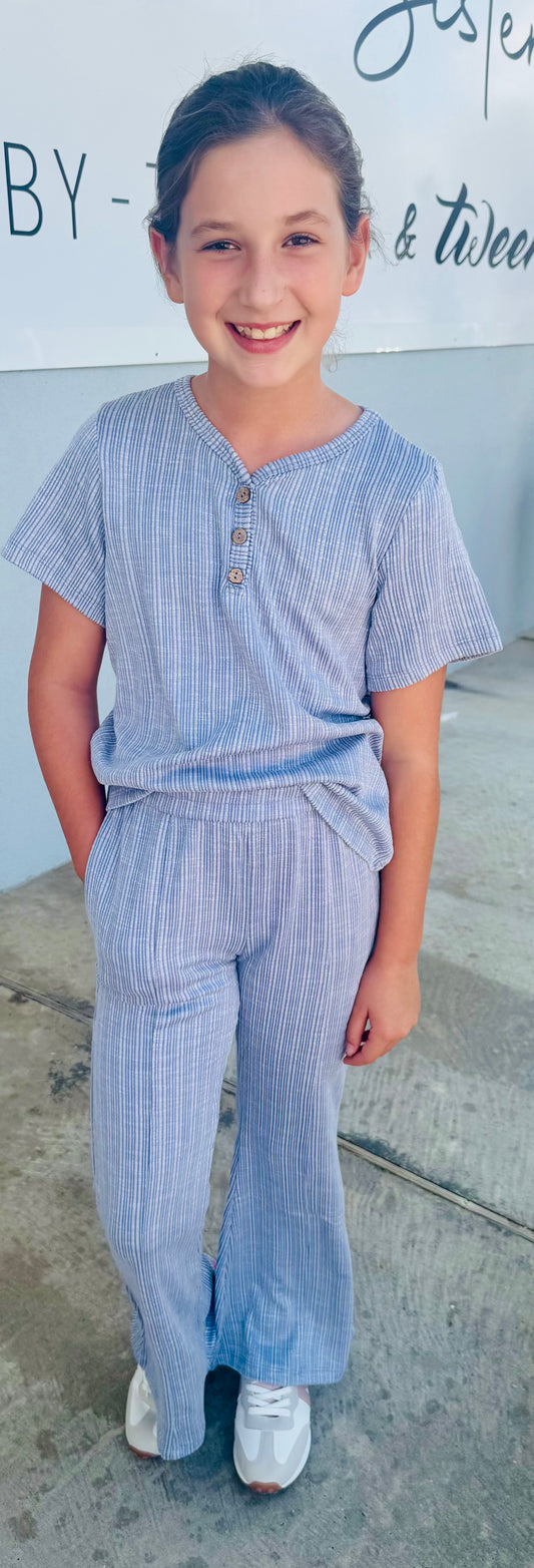 Blue Rib Knit Marled Henely Top