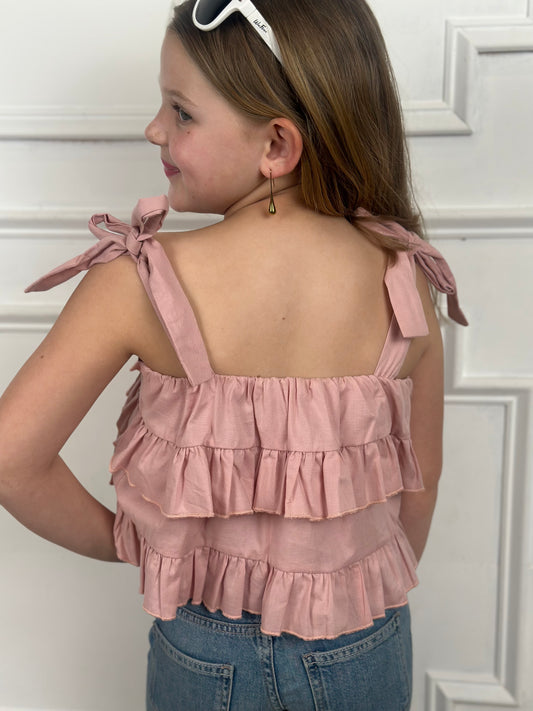 Pink Tiered Ruffle Tie Strap Top
