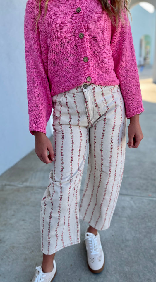 Cream/Pink Floral Stitched Denim Pants
