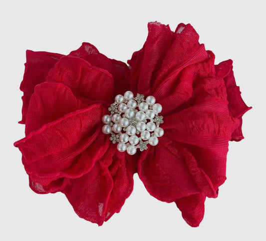 Pearl Ruffled Headband , Bright Red