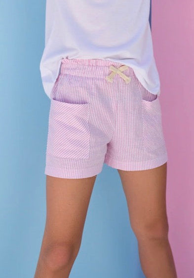 Patch Pocket Shorts-Pink Sparkle Seersucker