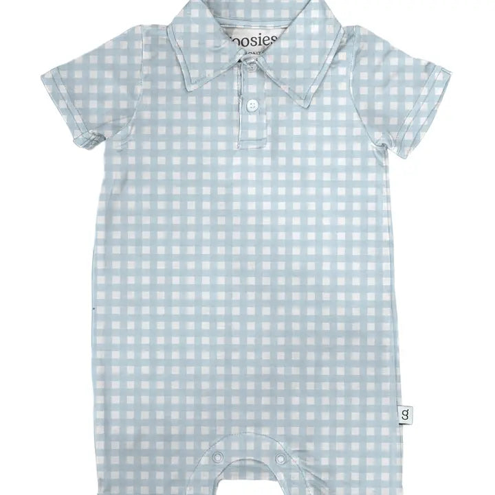 Blue Gingham Short Sleeve Polo Romper