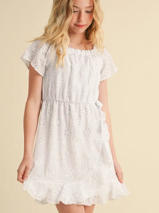 White Faux Wrap Eyelet Dress