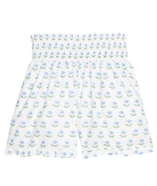 Shirred Ruffle Shorts-Blue Tulip Block Print