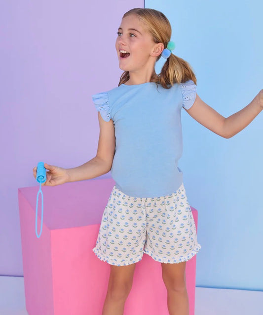 Shirred Ruffle Shorts-Blue Tulip Block Print