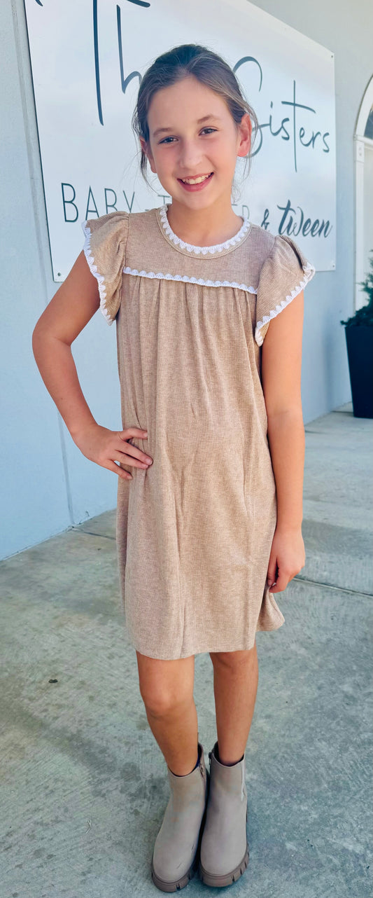 Taupe Crochet Stitched Ribbed Knit Dress