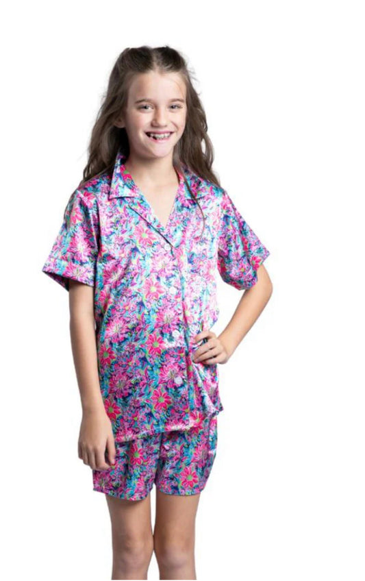 Jane Marie Satin Pajama Set, Purple Foral