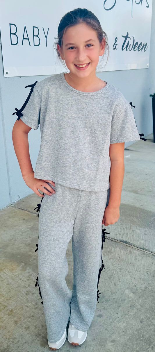 Girls Bow Trim Side Stripe Terry Top