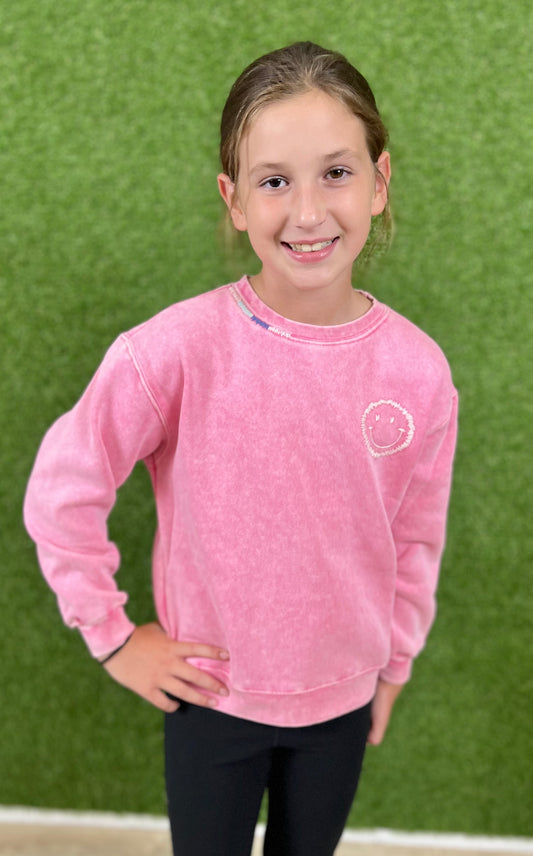 Washed Pink Multicolor Thread Smiley Pullover