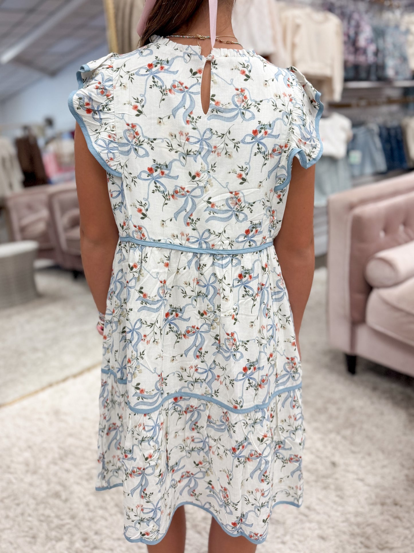 Blue Floral Ribbon Trim Dress