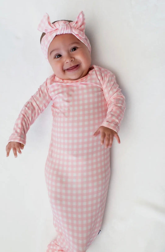 Pink Gingham Knotted Infant Gown(0-3 Month)